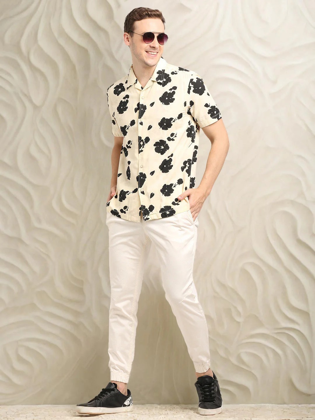 Indian Terrain Men's Slim Fit Half Sleeve All Over Print Beige Shirt